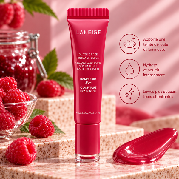 LANEIGE – Glaze Craze Sérum Teinté pour les Lèvres – Raspberry Jam – 12 g